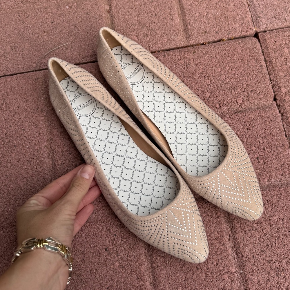 Hey Lady nude ballet flats with crystal rhinestone embellishments